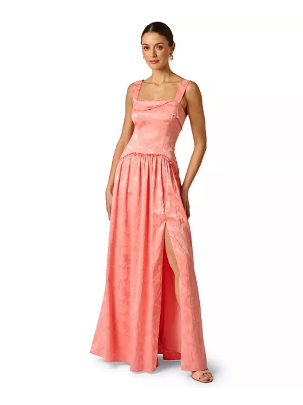 Garden Formal Wedding Guest Coral Pink Dress with Ruffled Bodice